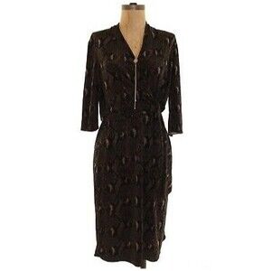 Tahari Faux Wrap Dress Size S 3/4 Sleeve Stretch Animal Print Black EUC B70